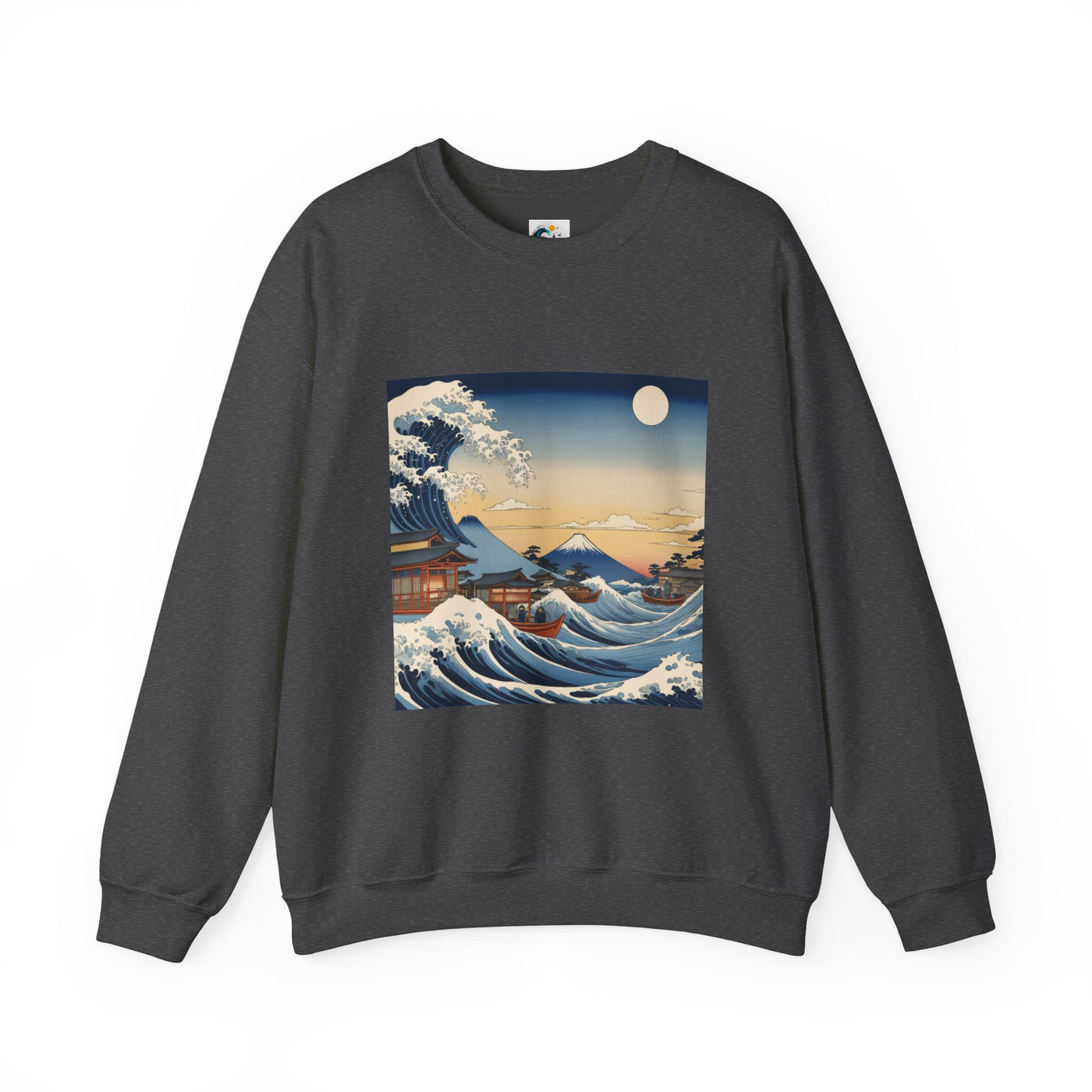 Sudadera sin capucha en color gris oscuro con diseño de la gran ola japonesa