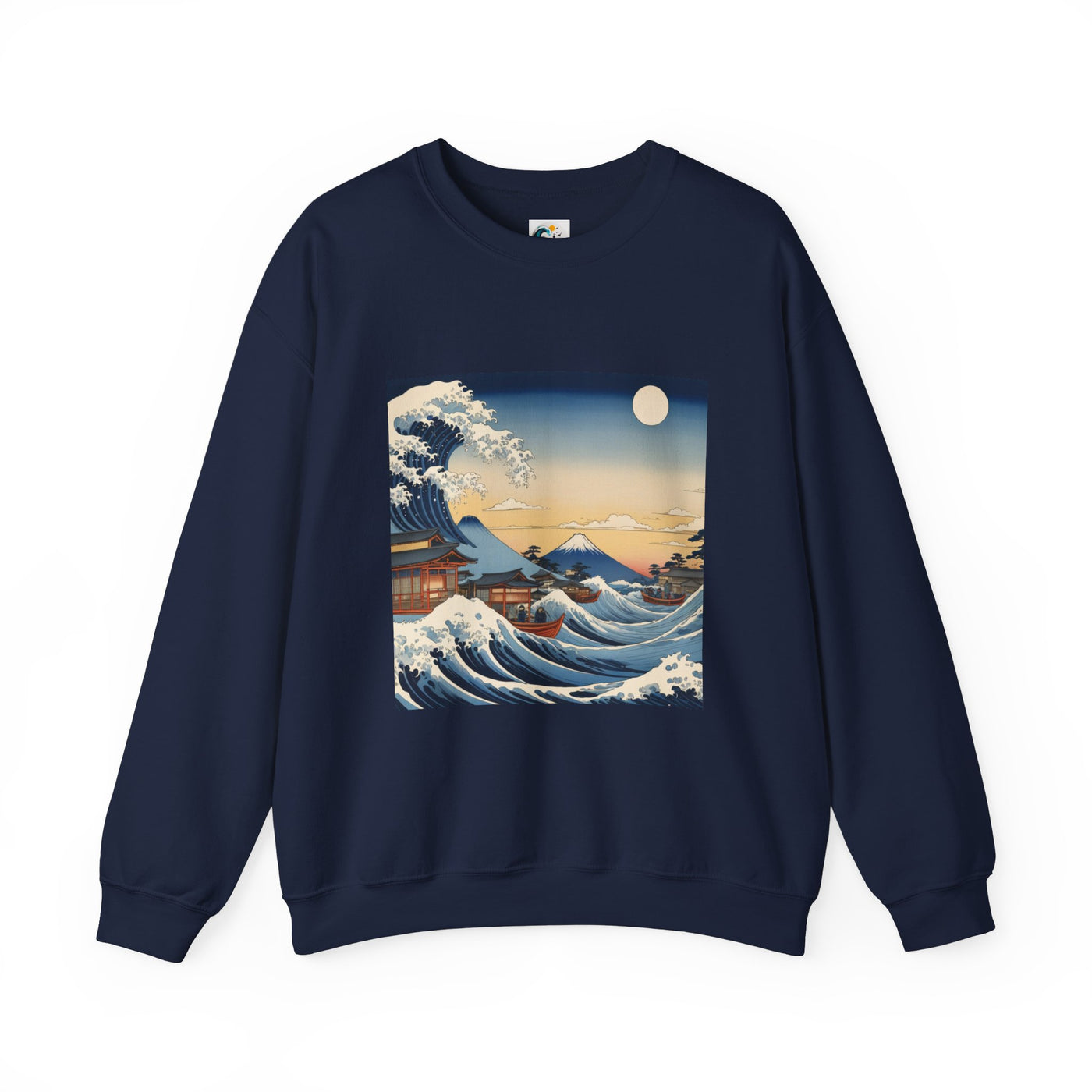sudadera sin capucha en color azul marino con diseño de la gran ola japonesa