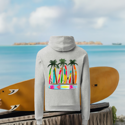 Sudadera Champion, con capucha unisex y diseño trasero de  tablas de surf pop art