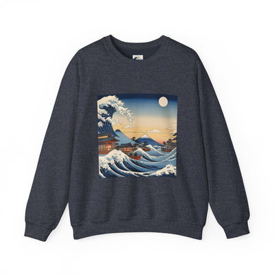 sudadera sin capucha en color gris jaspeado con diseño de la gran ola japonesa
