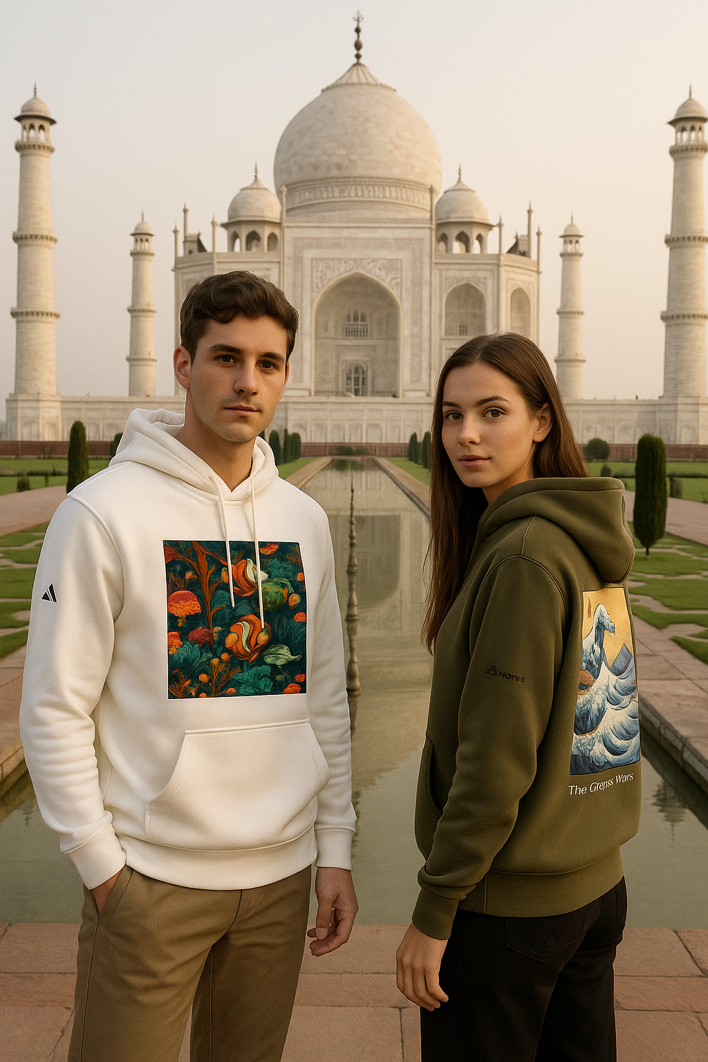 pareja frente al Taj Majal visitendo sudaderas sostenibles y cómodas de  Aunti by Vexora