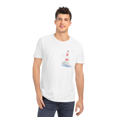 Camiseta blanca con diseño de faro de la costa vasca