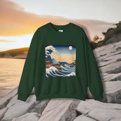 green sweartshirt with kanagawa wave design