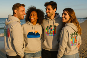 grupo de amigos en la playa con sudaderas de Aunti by Vexora