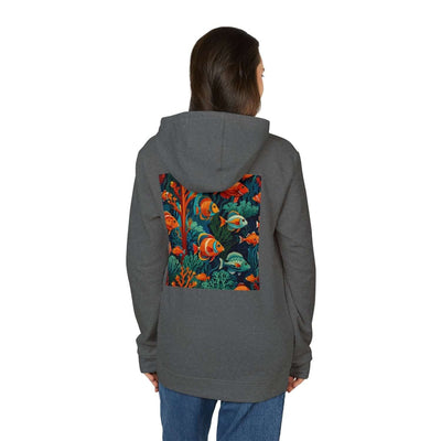woman wearing a grey adidas hoodie customized by Vexora Apparel with graphic back design  of corals and tropical fish